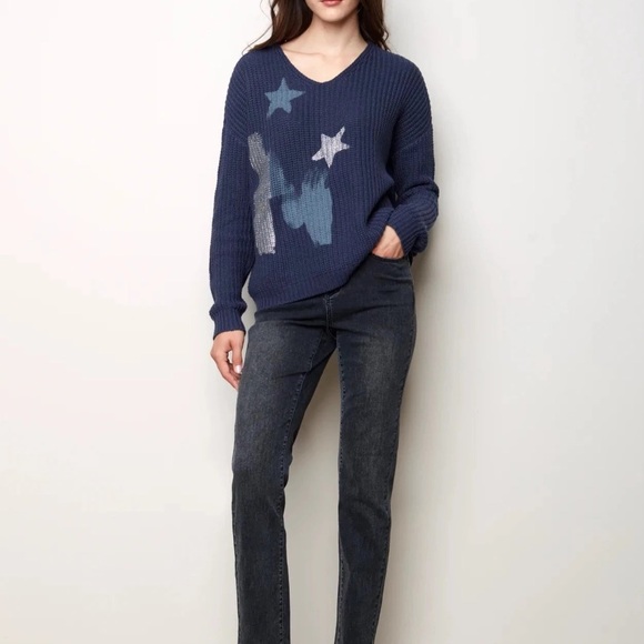 Charlie Paige Navy Star V-Neck Sweater - Picture 2 of 7